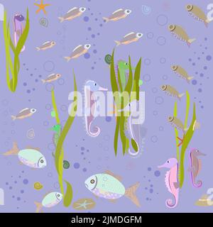 a pattern without a background of colorful seashells and seahorses Stock Vector