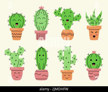 Collection of cute cartoon cactus and succulent. Hand drawn cacti with smile faces. Vector illustration. Stock Vector