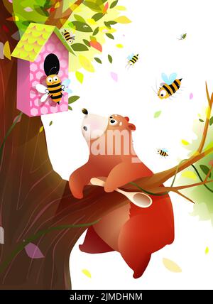 Cute Bear Climbing Tree for Honey and Angry Bees Stock Vector