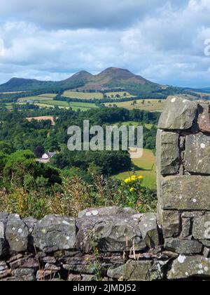 The Eildon Hills and the Eildon and Leaderfoot National Scenic Area as seen from Scott's View near Melrose, Scottish Borders, Scotland, UK. Stock Photo