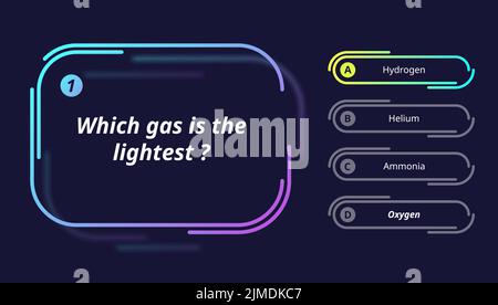 Quiz questions d test menu choice for game, vector template frames. Quiz game multiple questions and answers options menu with letters, UI background layout for intellectual guess game show Stock Vector