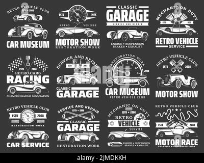 Retro cars museum exhibition, repair mechanic icons. Vintage vehicles motor show, classic automobiles racing competition and garage station sign. Retro roadster cabriolet, coupe and limousine vector Stock Vector