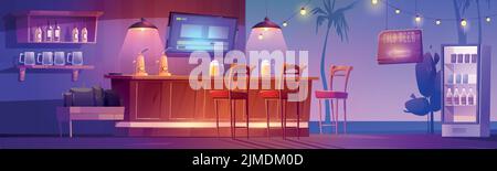 Tropical bar or pub interior, beach restaurant with cold beer mugs stand on wooden desk, high stools, lanterns, garland, refrigerator with drinks, shelf and palm trees, Cartoon vector illustration Stock Vector