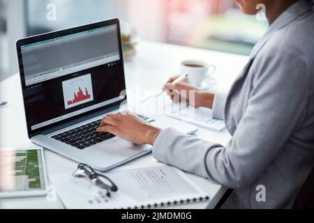 Business analyst with computer reading data, checking reports and monitoring company growth, progress and profit. Business woman hands typing and Stock Photo
