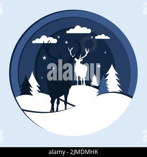 A vector of deers in a snowy field in a circle Stock Vector