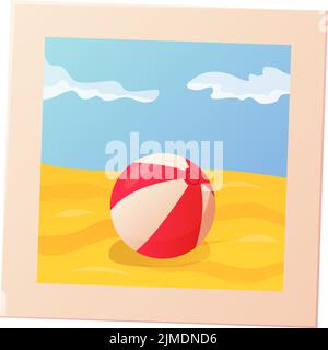 Summer photo. Bright infatible beach ball on sand. Red, yellow, blue stripes rubber toy. Vacation leisure concept. Stock vector illustration isolated Stock Vector