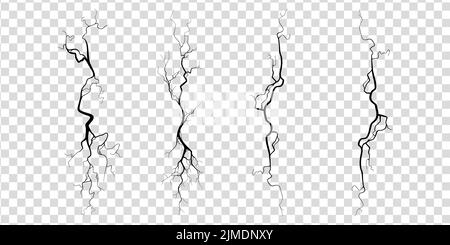 Crack on concrete or ground due to aging or drought. Set of fissures isolated in transparent background. Monochrome vector illustration Stock Vector
