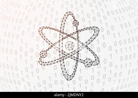 Atom 3d low poly symbol with binary code background. Atomic neutron design vector illustration. Molecule polygonal symbol with connected dots Stock Vector