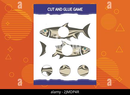 Cut and glue game for kids with fish. Cutting practice for preschoolers. Education worksheet. Stock Vector
