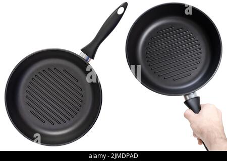 New round grill pans isolated on white. top view Stock Photo