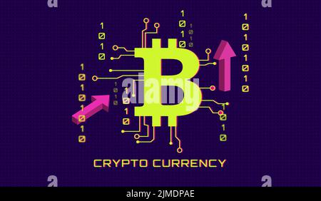 the inscription cryptocurrency on a background of dots with a decorative bitcoin sign with elements of code chips and the effect of system failure Stock Vector