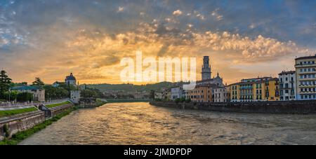 Verona Italy, panorama sunrise city skyline at Adige river and Verona Cathedral