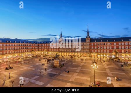 Madrid Spain, aerial view night city skyline at Plaza Mayor Stock Photo