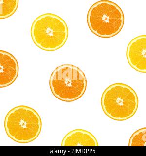 Background from oranges. Different color orange circles slices, quarters and halves isolated on white Stock Photo