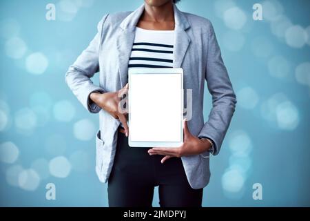 Blank screen and copy space on a tablet with a woman showing a digital device. Closeup of female hands holding tech product. Person posing with and Stock Photo