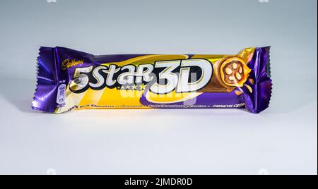 A bar of Cadbury 5-Star 3D on a white background. Stock Photo