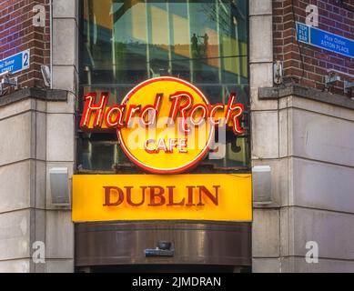 Hard Rock Cafe Dublin neon sign on Tempel Bar street Stock Photo