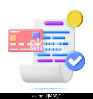 3D White Receipt with Checkmark Coin and Bank Card Stock Vector