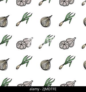 Seamless spice pattern, drawn element in doodle style. Culinary, Kitchen. Herbs and spices - onion, garlic and green onion feathers. Pattern in a fash Stock Vector