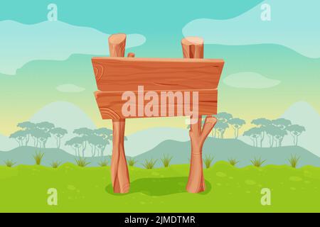 Game background landscape with wooden signboard in cartoon style. Magic scene, mountains and silhouette forest. Vector illustration Stock Vector