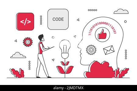 Software code development. Online programming, engineering app team, testing program vector monocolor illustration Stock Vector
