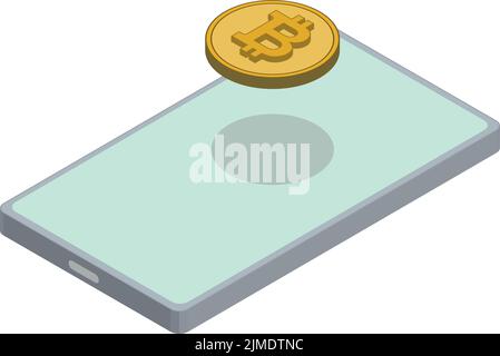 Isometric Phone with a Bitcoin floating on its back Stock Vector