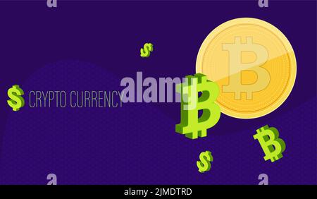 the inscription crypto curency with a bitcoin coin on an abstract background of polyhedrons with 3d dollar and bitcoin symbols Stock Vector