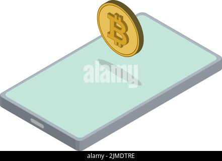 Phone with a Bitcoin floating on its side Stock Vector