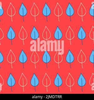 Red blue birch leaf seamless pattern cute trendy hand drawn background for design Stock Vector