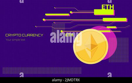 the inscription cryptocurrency on an abstract background with a microcircuit with the effect of a system failure and an ethereum coin Stock Vector