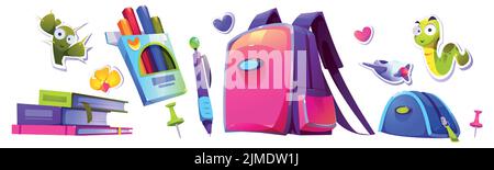 School stationery isolated set. Stickers, pencil case, backpack, textbooks and colored pencils with pen or push pins. Cartoon design element for student and pupil education, Vector illustration, icons Stock Vector