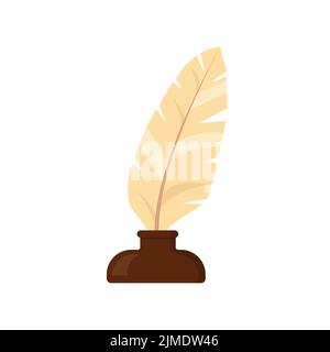 Golden inkwell with white feather, cartoon style icon. Realistic isolated vector illustration. Design for stickers, logo, web and mobile app. Eps 10 Stock Vector