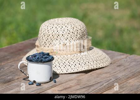 Blue ripe honeysuckle berries in bowl on wood table background Stock Photo