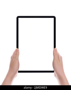 Hands holding black tablet, isolated on white background Stock Photo