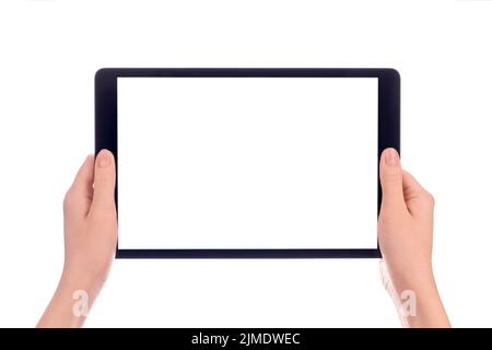 Hands holding black tablet, isolated on white background Stock Photo