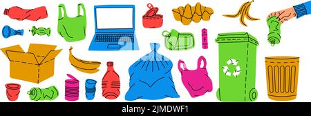Unsorted garbage set. Plastic, glass, metal, paper, organic waste illustration. Set of different types garbage. Colored trash icons Stock Vector
