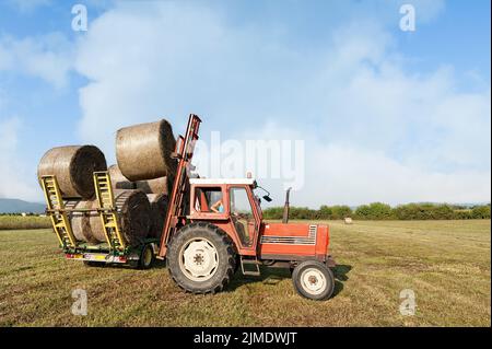 Agricultural scene. Tractor lifting hay bale on barrow. Stock Photo