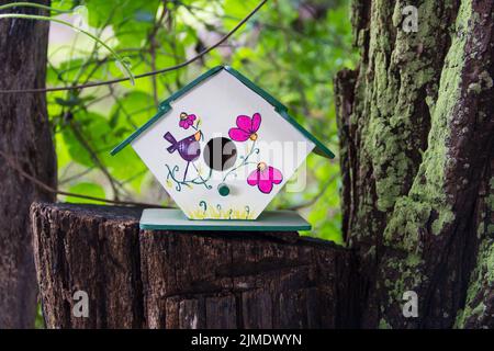 Handmade houses for birds hand painted on the tree trunk in spring Stock Photo