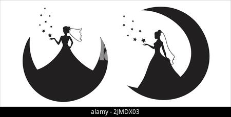 Vector illustration silhouettes of brides on a moon.  Stock Vector