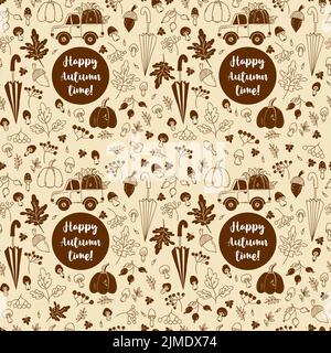 Happy autumn time seamless pattern. Pumpkin truck, umbrella, berries and mushrooms, autumn leaves on light background in hand drawn doodle style. Vect Stock Vector