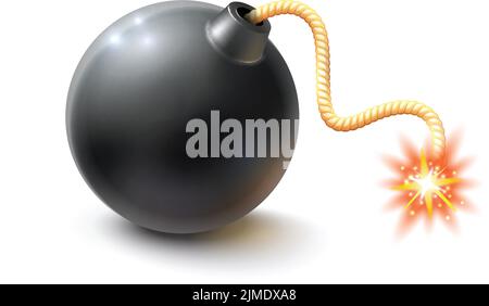 Realistic retro bomb with burning wick isolated on white background vector illustration Stock Vector