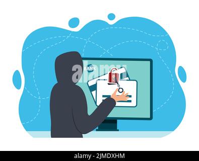 Hacker at the computer stealing confidential data, personal information, credit card. Internet phishing concept. vector illustration in flat design Stock Vector