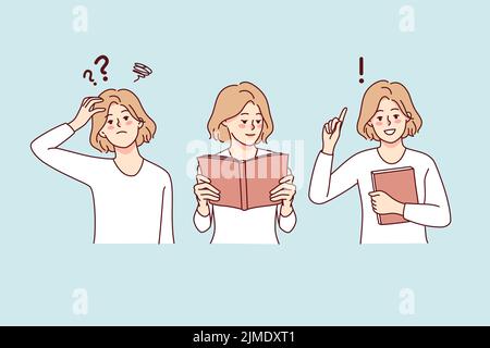 Confused woman have question head, read book and get answer. Smart girl looking for solution in book. Knowledge and education. Vector illustration.  Stock Vector