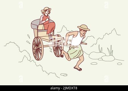 Man pulling rickshaw with woman sitting. Guy with wheeled cart riding female client outdoors. Vector illustration.  Stock Vector
