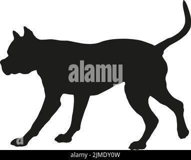 Black dog silhouette. Walking american staffordshire terrier puppy. Pet animals. Isolated on a white background. Vector illustration. Stock Vector