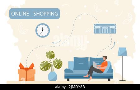 Vector illustration Man uses a website on laptop to order gifts. Online shopping. Ordering items and products on the Internet. Fast delivery from the Stock Vector