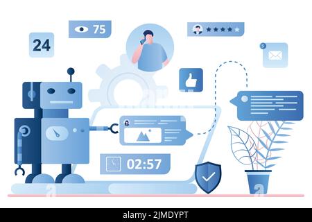 Chatbot robot concept background. Dialog help service. User avatar on laptop screen and bot with speech message. 24 Hours online support and feedback, Stock Vector