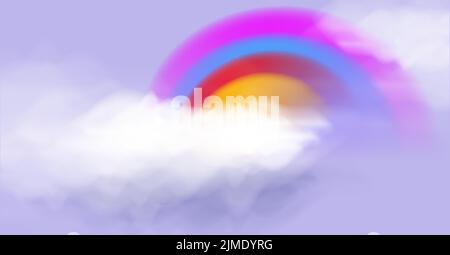 Fluffy clouds and rainbow arch vector illustration, soft realistic digital art Stock Vector
