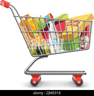 Self-service supermarket full shopping trolley cart with fresh grocery products and red handle realistic vector illustration Stock Vector