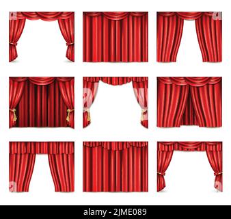 Different models of red theatre curtain icons set realistic isolated vector illustration Stock Vector